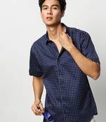 men's short sleeves geometric navy blue shirt