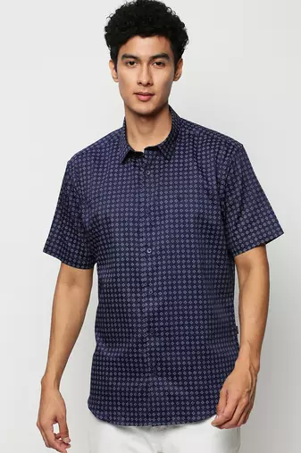 men's short sleeves geometric navy blue shirt