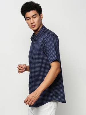 men's short sleeves geometric navy blue shirt 3