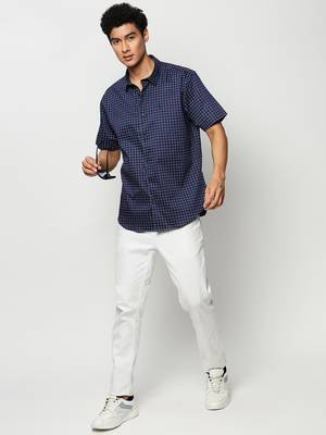 men's short sleeves geometric navy blue shirt 5