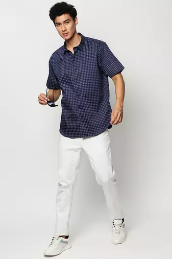 men's short sleeves geometric navy blue shirt