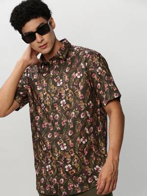 men's short sleeves floral olive shirt 1