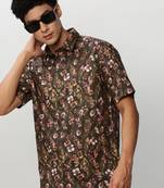 men's short sleeves floral olive shirt