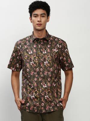 men's short sleeves floral olive shirt 2