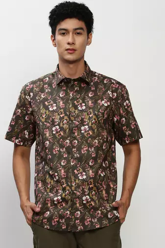 men's short sleeves floral olive shirt