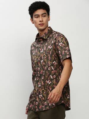 men's short sleeves floral olive shirt 3