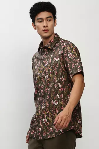 men's short sleeves floral olive shirt