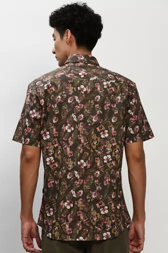 men's short sleeves floral olive shirt