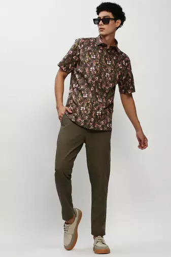 men's short sleeves floral olive shirt