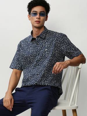 men's short sleeves micro ditsy navy blue shirt 1