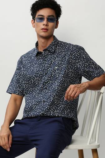 men's short sleeves micro ditsy navy blue shirt