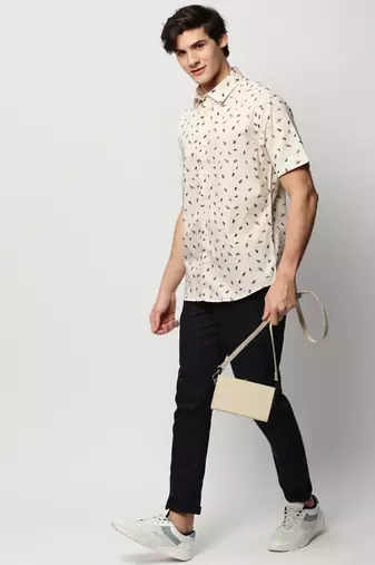 men's short sleeves conversational cream shirt