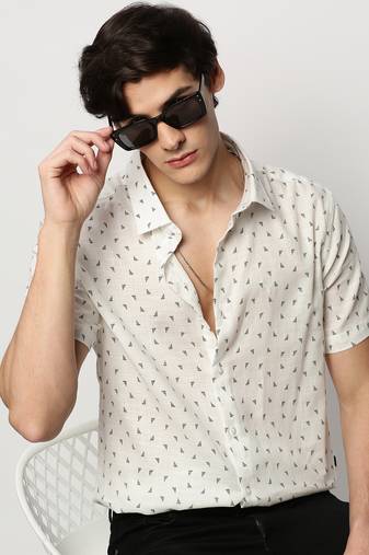 men's short sleeves geometric white shirt