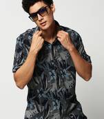 men's short sleeves floral navy blue shirt