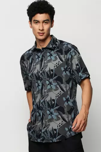 men's short sleeves floral navy blue shirt
