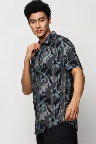 men's short sleeves floral navy blue shirt