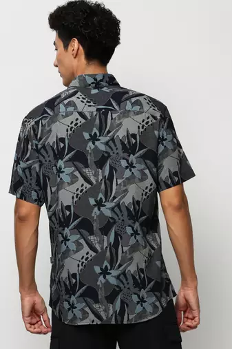 men's short sleeves floral navy blue shirt