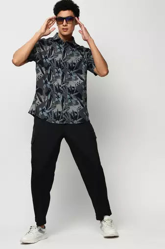 men's short sleeves floral navy blue shirt