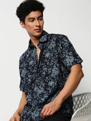 men's short sleeves floral navy blue shirt 1