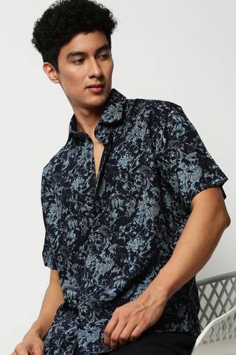 men's short sleeves floral navy blue shirt