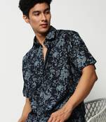 men's short sleeves floral navy blue shirt