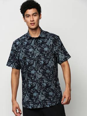 men's short sleeves floral navy blue shirt 2