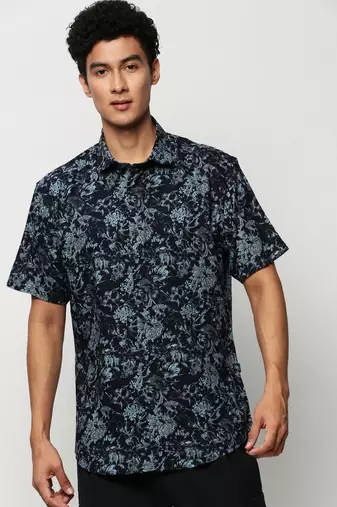 men's short sleeves floral navy blue shirt