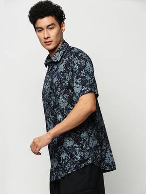 men's short sleeves floral navy blue shirt 3