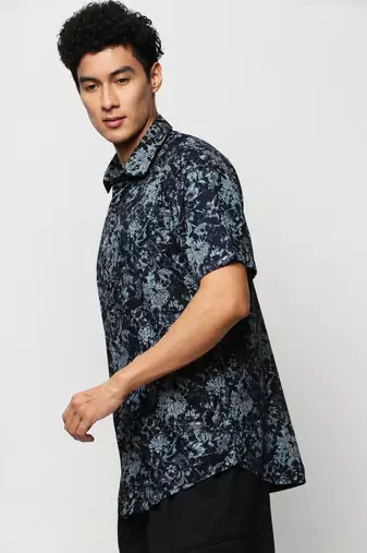 men's short sleeves floral navy blue shirt
