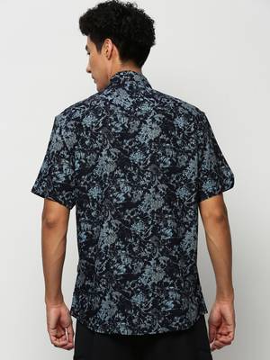 men's short sleeves floral navy blue shirt 4