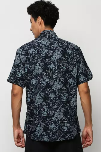 men's short sleeves floral navy blue shirt