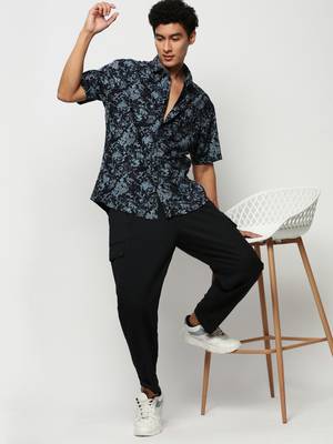 men's short sleeves floral navy blue shirt 5