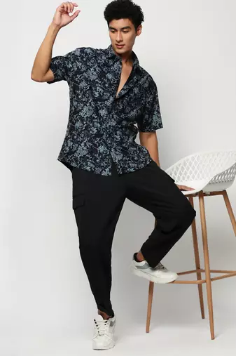 men's short sleeves floral navy blue shirt