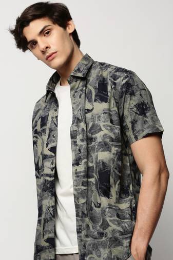men's short sleeves abstract khaki shirt