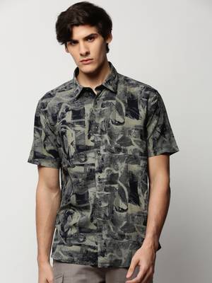 men's short sleeves abstract khaki shirt 2