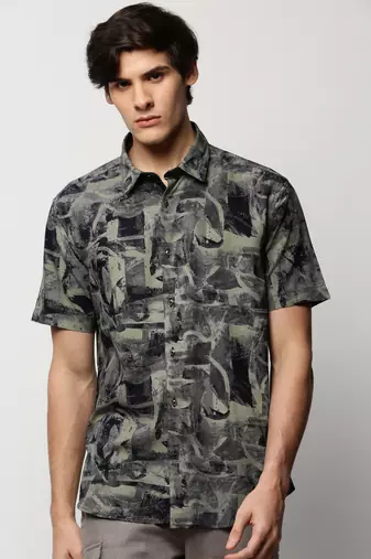 men's short sleeves abstract khaki shirt