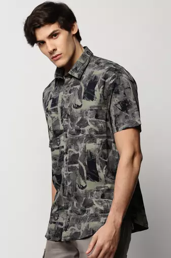 men's short sleeves abstract khaki shirt
