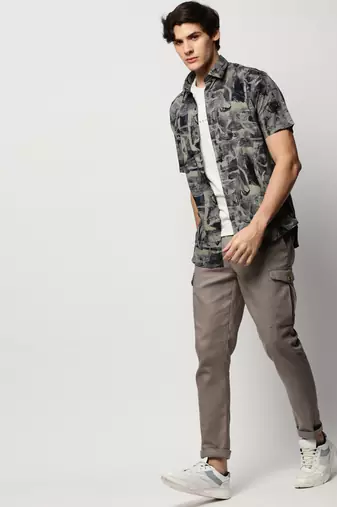 men's short sleeves abstract khaki shirt
