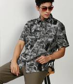 men's short sleeves abstract black shirt