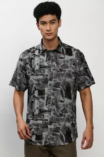 men's short sleeves abstract black shirt