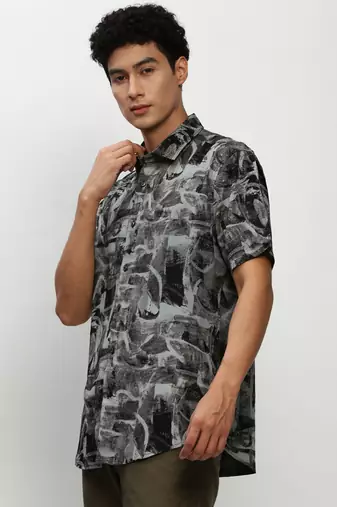 men's short sleeves abstract black shirt