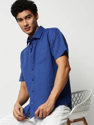 men's short sleeves solid blue shirt 1