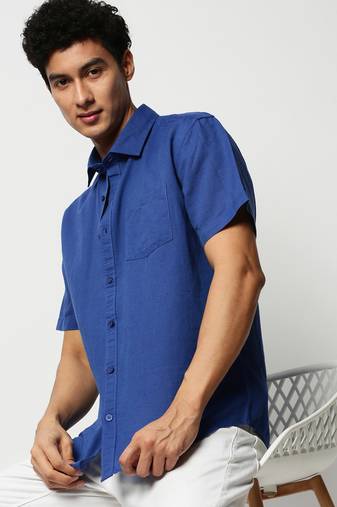men's short sleeves solid blue shirt