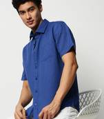 men's short sleeves solid blue shirt