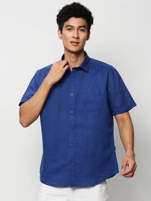 men's short sleeves solid blue shirt 2