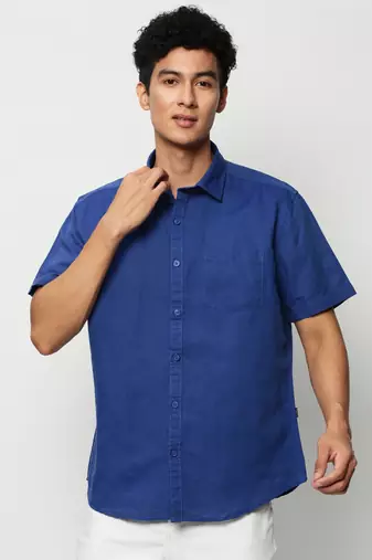 men's short sleeves solid blue shirt