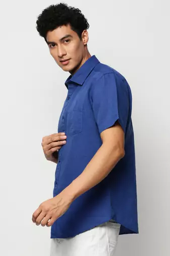men's short sleeves solid blue shirt