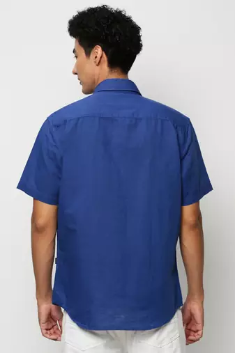 men's short sleeves solid blue shirt