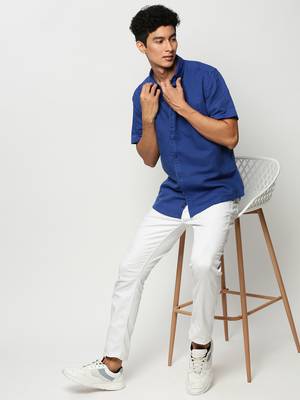 men's short sleeves solid blue shirt 5
