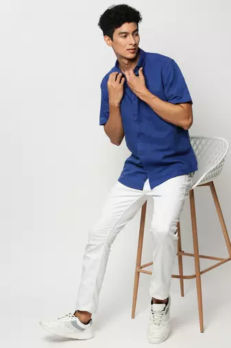 men's short sleeves solid blue shirt